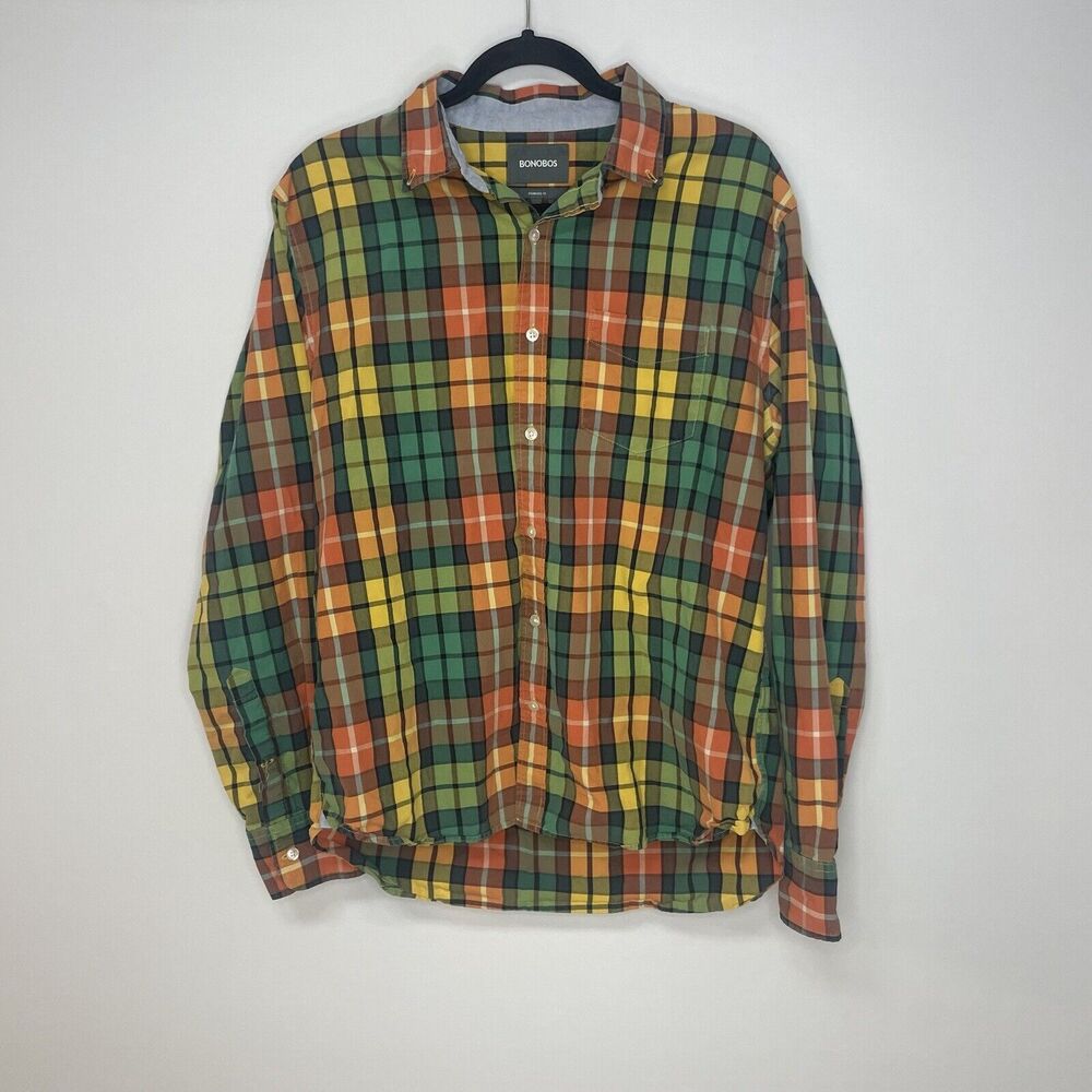 Bonobos‎ Shirt Mens Large Green Multicolor Button Down Madras Plaid Standard Fit